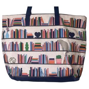 Barnes & Nobles Canvas Graphic Printed Tote Bag Colorful Cats & Books Library